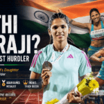 Jyothi Yarraji celebrating after a record-breaking hurdles performance representing India in international athletics