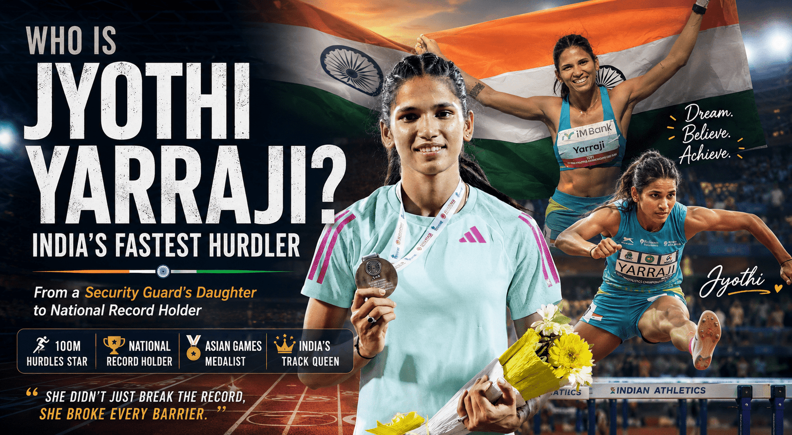 Jyothi Yarraji celebrating after a record-breaking hurdles performance representing India in international athletics