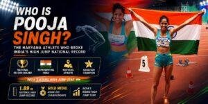 Pooja Singh celebrating with the Indian flag after breaking India's national high jump record and winning gold at the Asian U20 Athletics Championships