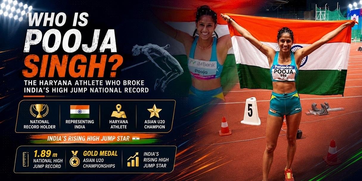 Pooja Singh celebrating with the Indian flag after breaking India's national high jump record and winning gold at the Asian U20 Athletics Championships