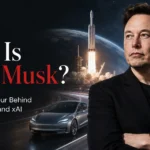 Elon Musk with visual references to Tesla, SpaceX, artificial intelligence and space exploration