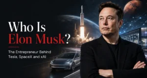 Elon Musk with visual references to Tesla, SpaceX, artificial intelligence and space exploration