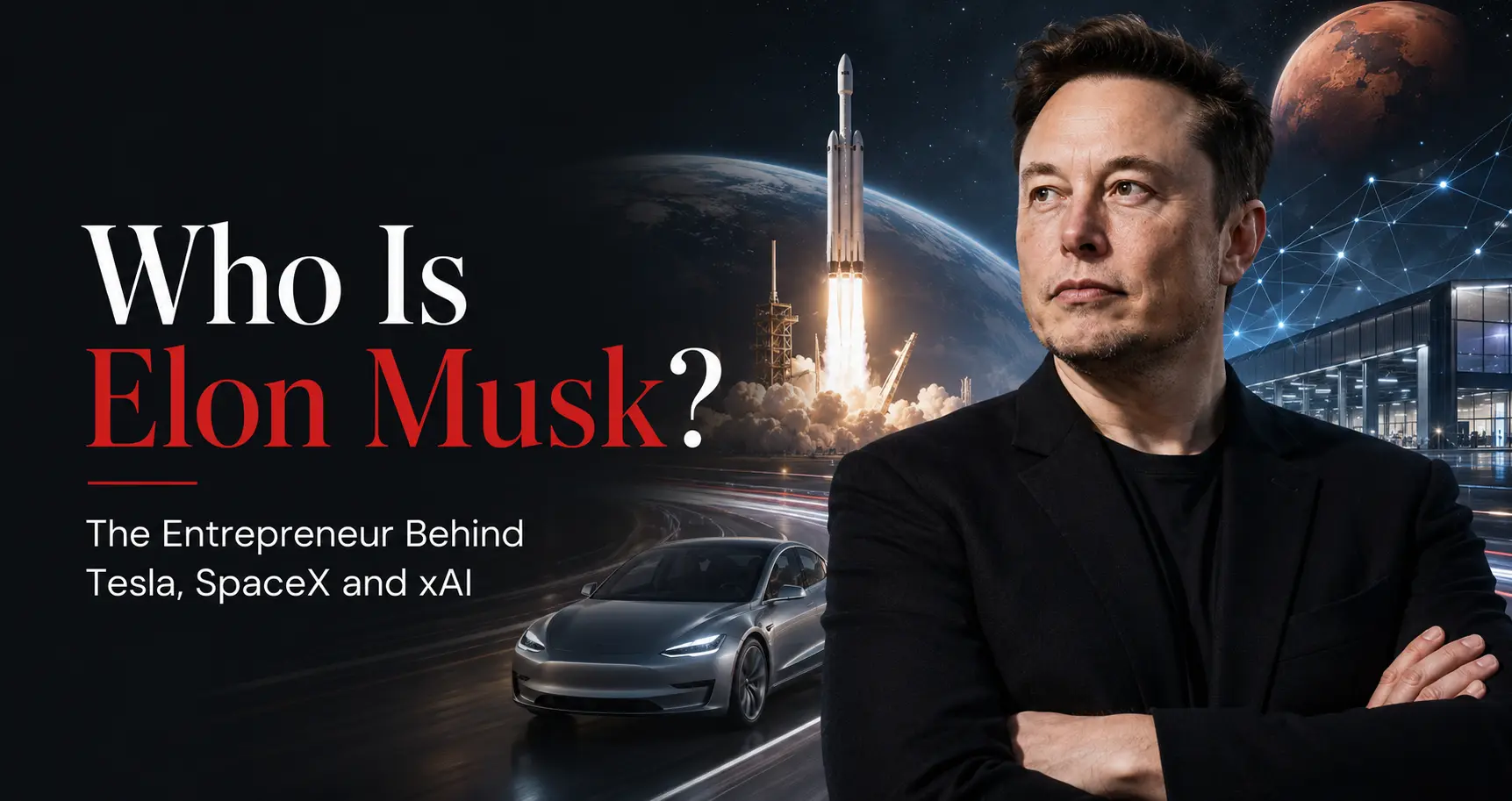 Elon Musk with visual references to Tesla, SpaceX, artificial intelligence and space exploration
