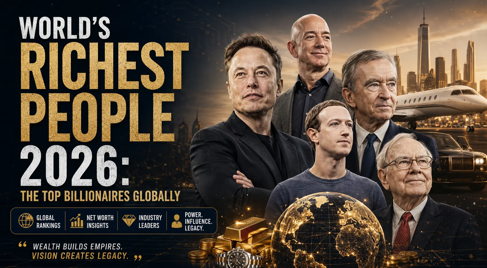 World's Richest People 2026 featuring the top billionaires globally including leading business magnates and global wealth rankings.