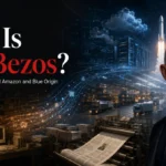 Jeff Bezos with visual references to online retail, cloud computing and space exploration