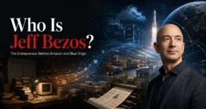 Jeff Bezos with visual references to online retail, cloud computing and space exploration