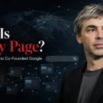 Larry Page with PageRank web connections, search technology and artificial intelligence imagery