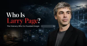Larry Page with PageRank web connections, search technology and artificial intelligence imagery