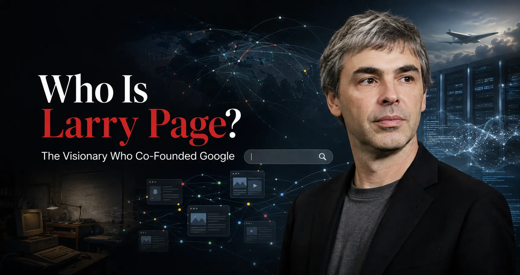 Larry Page with PageRank web connections, search technology and artificial intelligence imagery