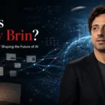 Sergey Brin surrounded by PageRank web connections, search technology and artificial intelligence imagery
