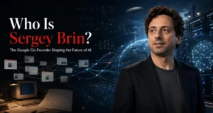 Sergey Brin surrounded by PageRank web connections, search technology and artificial intelligence imagery
