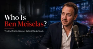 Ben Meiselas in a modern podcast studio with subtle legal and digital-news imagery