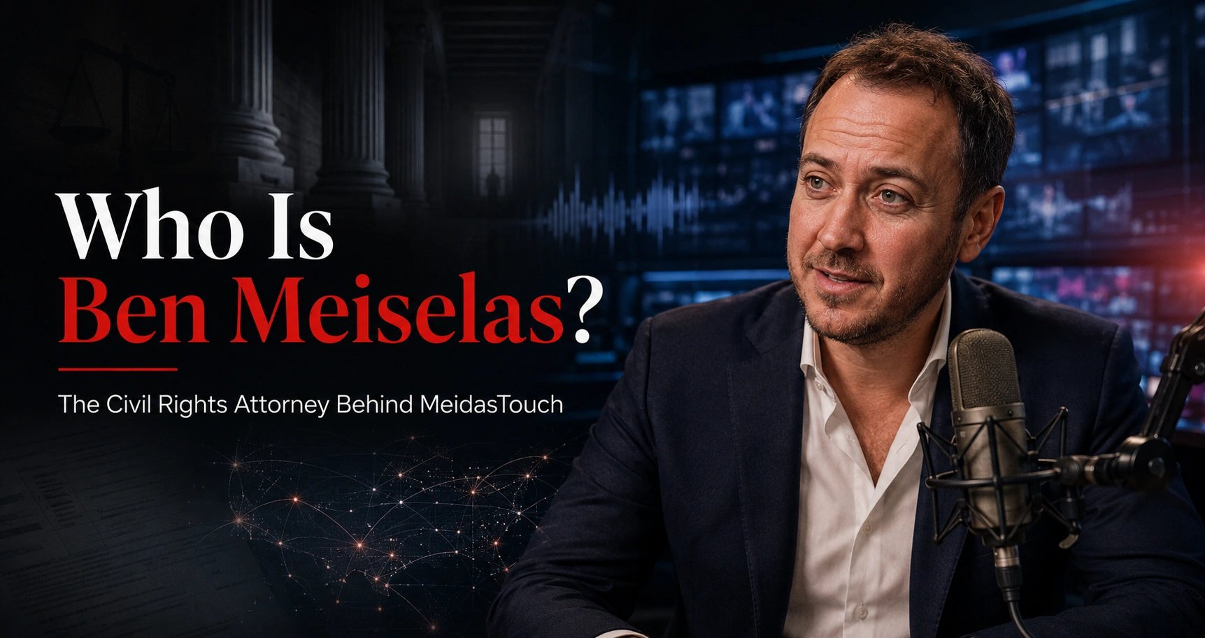 Ben Meiselas in a modern podcast studio with subtle legal and digital-news imagery